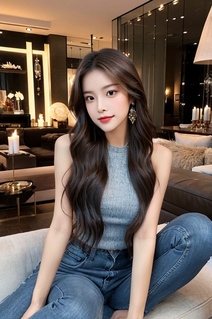 Generate an image of a stunning 20-year-old Asian woman with beauty akin to a goddess of the fire element. She has big brown eyes, dark brown hair, glowing skin, and an attractive appearance. She is wearing a beautiful top paired with blue skinny jeans. The woman is sitting sweetly on a living room sofa, her posture relaxed and inviting, surrounded by cozy and elegant decor.