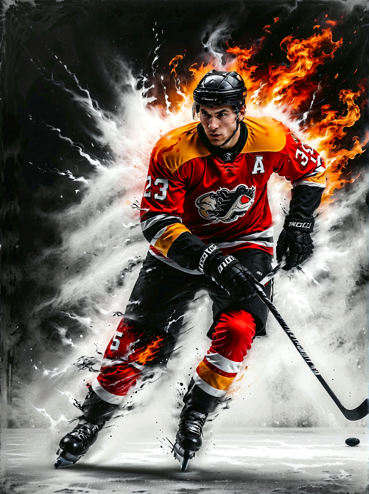 A fierce hockey player, whose ethnicity isn't specified, in competitive action, is dramatically surrounded by glowing, pulsating flames of intense red and orange colors, perfectly encapsulating the energetic spirit and passion of his sport. The picture setting being predominantly monochrome - black and white, the vibrant flames are presented in a stark contrast. This results in a visually striking color pop set against the minimalist competitor and icy playing field in the background. The image, shot to emulate a gritty, high contrast, vintage-style film effect, utilizes sharp, finely detailed textures. The expansive ice rink backdrop provides an additional compelling element, adding to the overall dynamism and high-stakes ambiance of the sport. The image is shot with a digital camera of equivalent quality to a Nikon D850, and an 85mm lens, ensuring an outstanding 8k resolution for capturing and presenting every minute detail of this captivating and intense on-ice sporting moment.