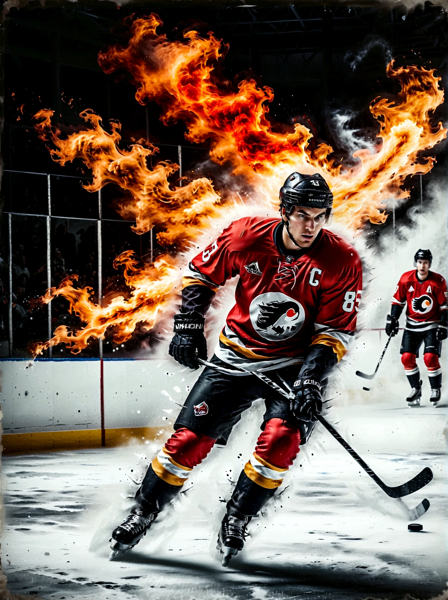 A fierce hockey player, whose ethnicity isn't specified, in competitive action, is dramatically surrounded by glowing, pulsating flames of intense red and orange colors, perfectly encapsulating the energetic spirit and passion of his sport. The picture setting being predominantly monochrome - black and white, the vibrant flames are presented in a stark contrast. This results in a visually striking color pop set against the minimalist competitor and icy playing field in the background. The image, shot to emulate a gritty, high contrast, vintage-style film effect, utilizes sharp, finely detailed textures. The expansive ice rink backdrop provides an additional compelling element, adding to the overall dynamism and high-stakes ambiance of the sport. The image is shot with a digital camera of equivalent quality to a Nikon D850, and an 85mm lens, ensuring an outstanding 8k resolution for capturing and presenting every minute detail of this captivating and intense on-ice sporting moment.
