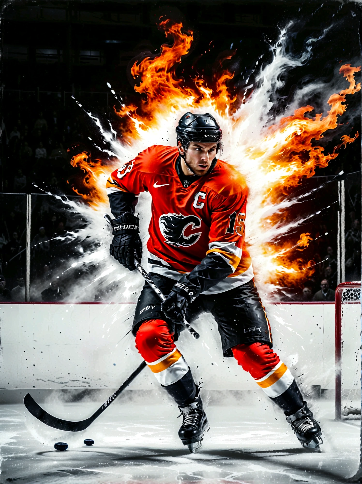 A fierce hockey player, whose ethnicity isn't specified, in competitive action, is dramatically surrounded by glowing, pulsating flames of intense red and orange colors, perfectly encapsulating the energetic spirit and passion of his sport. The picture setting being predominantly monochrome - black and white, the vibrant flames are presented in a stark contrast. This results in a visually striking color pop set against the minimalist competitor and icy playing field in the background. The image, shot to emulate a gritty, high contrast, vintage-style film effect, utilizes sharp, finely detailed textures. The expansive ice rink backdrop provides an additional compelling element, adding to the overall dynamism and high-stakes ambiance of the sport. The image is shot with a digital camera of equivalent quality to a Nikon D850, and an 85mm lens, ensuring an outstanding 8k resolution for capturing and presenting every minute detail of this captivating and intense on-ice sporting moment.