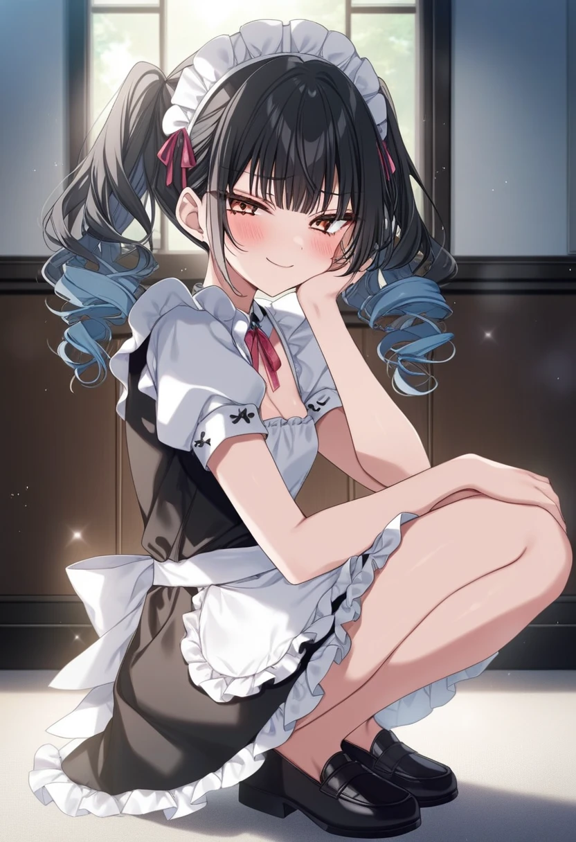 1girl, ciloranko:1.1, taya oco, oekakizuki, anime screencap, official art, absurdres, best quality, perfect anatomy, newest, new, blue archive, kazusa \(bluearchive\), black hair, blush, breasts, thighs, parted to one side, blunt bangs, glossy hair, moist skin, glossy skin, delicate details, smooth, 18 years old, adult woman, hair behind ear, medium breasts, from side, full body, squatting, looking at viewer, own hand on face resting on her cheek, twintails, wavy hair, black hair, medium length, maid, white head dress, black loafers, smug smile, closed mouth, brown eyes, content expression, half-lidded eyes, mature_female, lustful body, half-closed eyes, adoring gaze, indoors, solo, light particles, solar flare, depth perception, alternate costume, white apron, frilled apron, puffy short sleeves, short sleeves, black dress, maid outfit, one hand resting at her side