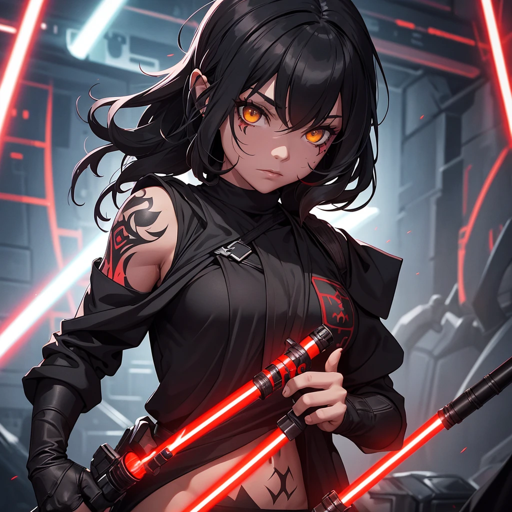 The girl is a Sith lord. She is wearing a black top and underpants. her skin is covered with black tattoos. She has red-yellow eyes. She holds a red lightsaber in each hand.