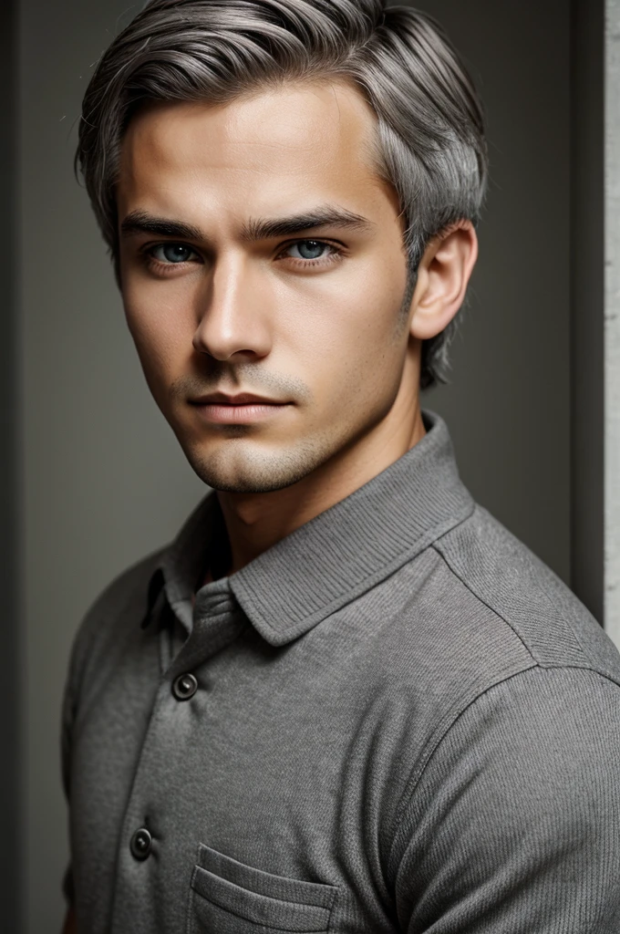 Young man with light gray eyes, short dull gray hair and word skin with indifferent expression