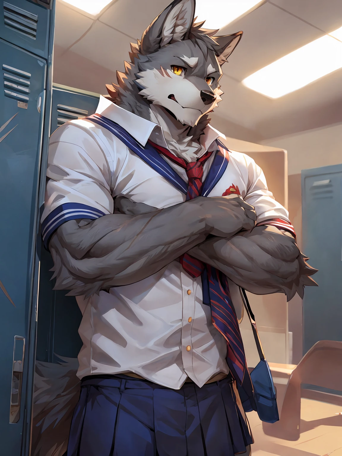 embedding:Gray wolf,Golden Eyes,Single Person,a scar on the face.Gray fur,High school students,male school uniform,Scratch head,Standing by the school locker,Nervous,Male.Handsome,Smart,Nervous,Best quality hands, best quality eye,detailed fur,Delicate eyes.Extreme picture quality,by sollyz,by zixiong,by null_ghost