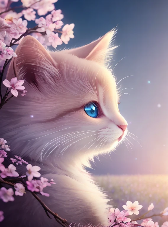 Side view, Supersaturation, Colorful, fairy tale, dream-like, Cinematic character rendering, oil, 3d, 8K resolution, Sequins, Sparkling, Cherry Blossom Forest, moonlight, Close up portrait adorable chibi cute anthropomorphic kitten king, Fine grain, Large, round, reflective eyes,