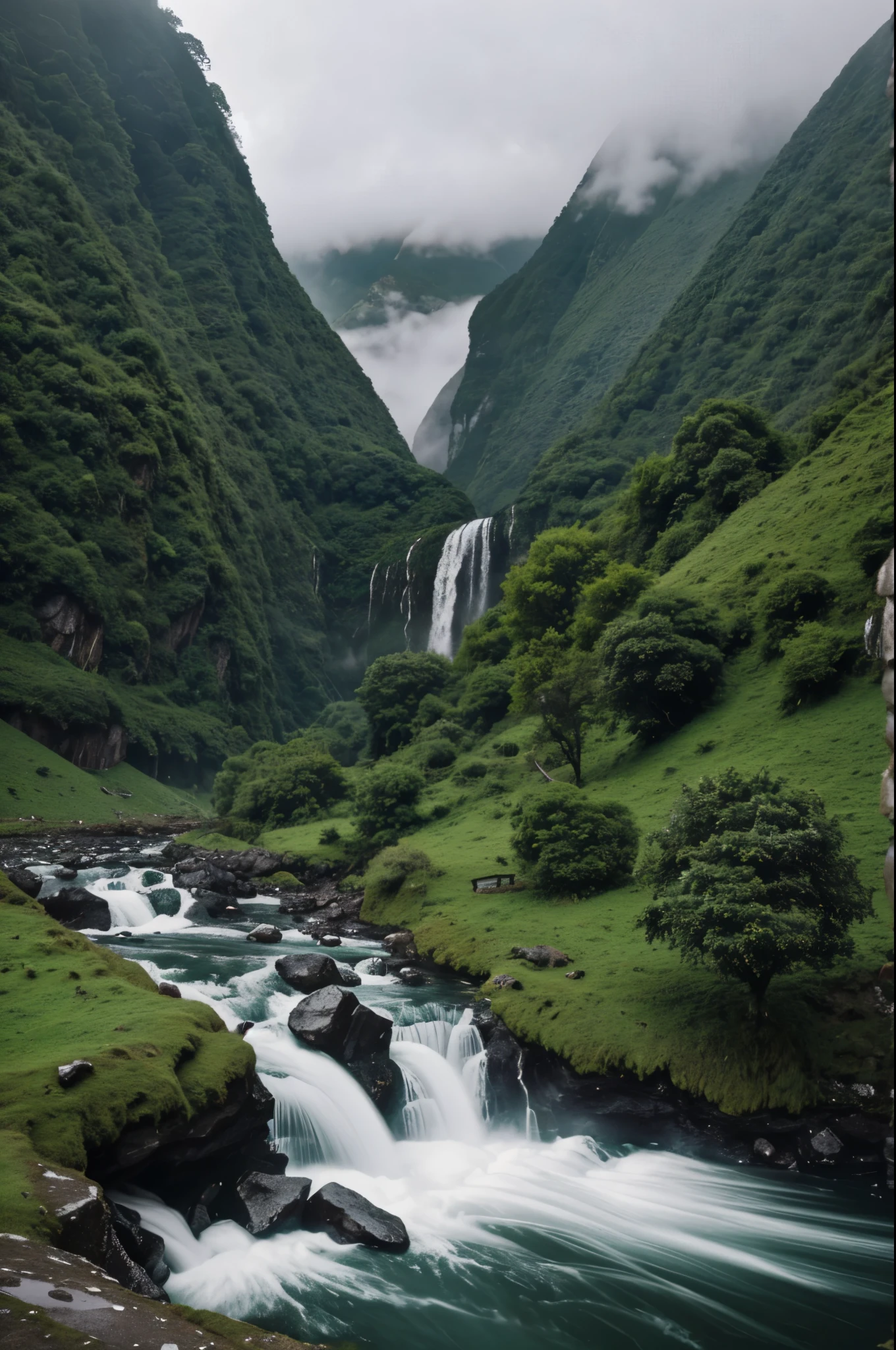 A landscape of green hills dotted with black rocks under a cloudy gray sky. Crystal clear streams and a waterfall in the distance. Steep mountains shrouded in fog. Lonely and melancholic atmosphere, with a cold and wet breeze.