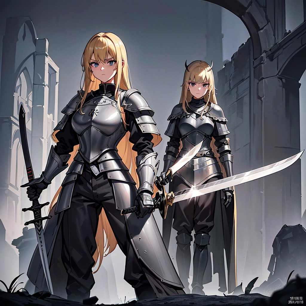 Best illustrations、Best Quality、(Full body character concept、detailed)、(((Simple grey armor、Black trousers、Black gloves、woman、18-year-old、Blonde、Long Hair)))、(((Grab the sword、Get Ready)))、(20 medieval knights)、(From below)、(Old ruins、Grass)