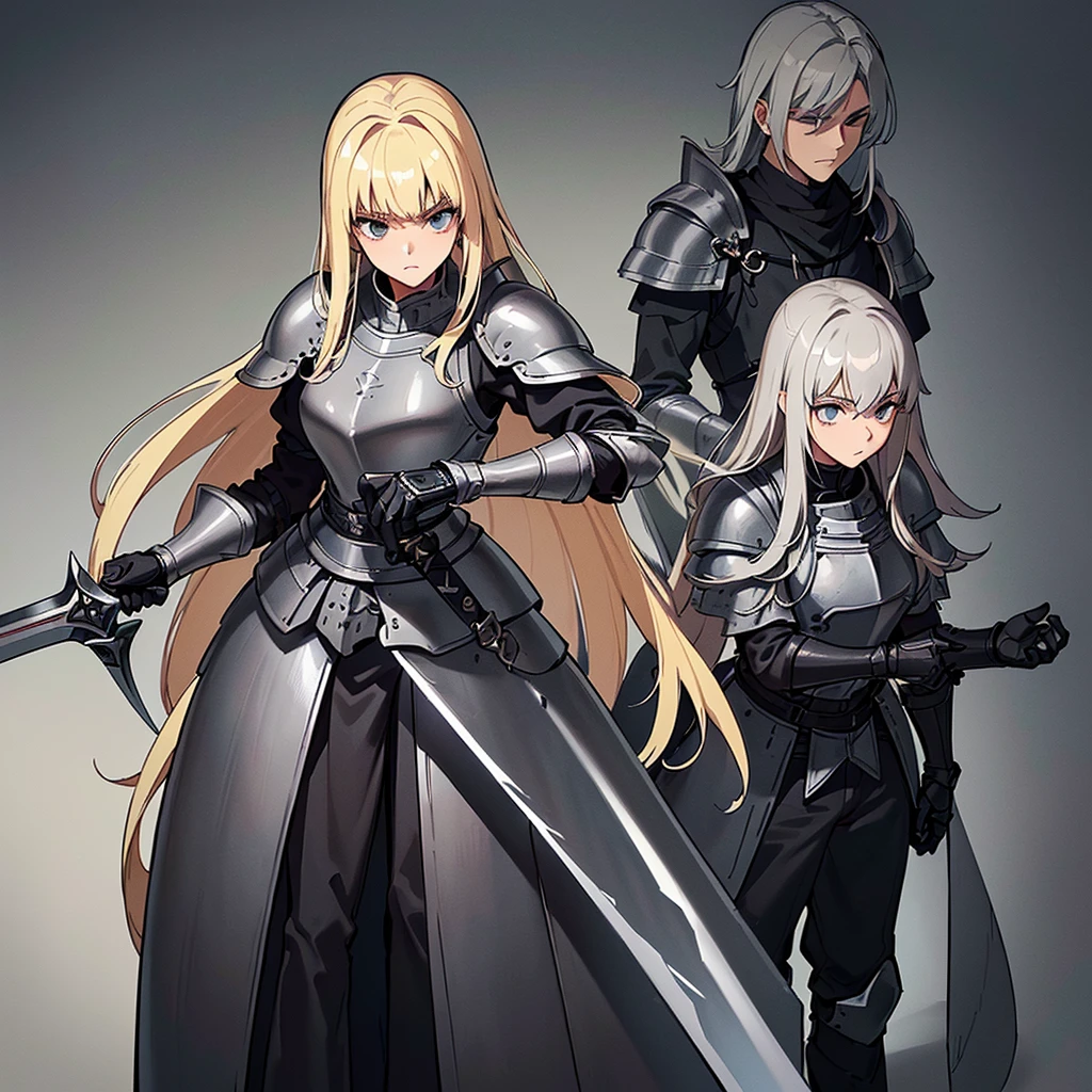 Best illustrations、Best Quality、(Full body character concept、detailed)、(((Simple grey armor、Black trousers、Black gloves、woman、18-year-old、Blonde、Long Hair)))、(((Grab the sword、Get Ready)))、(20 medieval knights)、(From below)、(Old ruins、Grass)