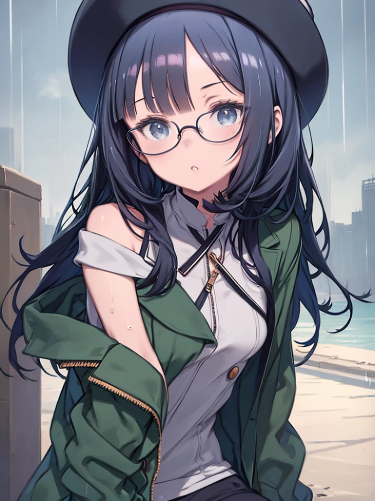 One girl, bangs, Bare shoulders, beret, Black Hair, black Shorts, Blue Hair, bracelet, chest, button, Inner hair color, Double-breasted, Glasses removed, Green hat, green Jacket, Grey Eyes, Grey Sky, Have, Jacket, jewelry, Long Hair, View your viewers, Multicolored Hair, Neck Ring, O-ring, Off the shoulder, rain, Round Glasses, Shorts, Side Lock, , alone, sunglasses, Wavy Hair, Wet, zipper,(masterpiece,anime,newest,new,Exceptional:1.2),