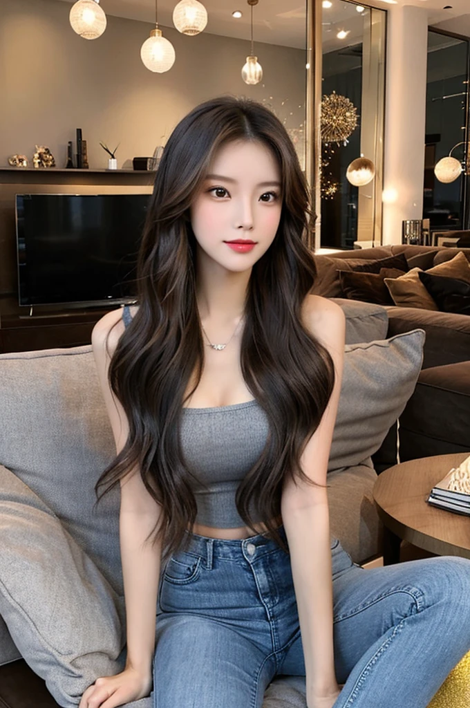 Generate an image of a stunning 20-year-old Asian woman with beauty akin to a goddess of the fire element. She has big brown eyes, dark brown hair, glowing skin, and an attractive appearance. She is wearing a beautiful top paired with blue skinny jeans. The woman is sitting sweetly on a living room sofa, her posture relaxed and inviting, surrounded by cozy and elegant decor.
