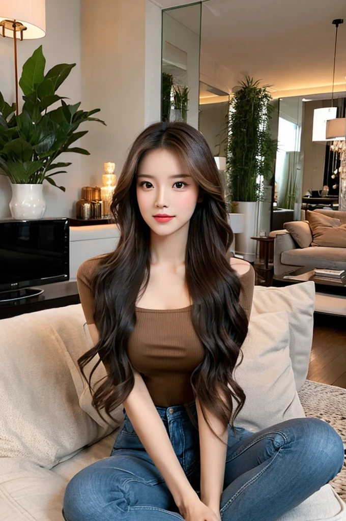 Generate an image of a stunning 20-year-old Asian woman with beauty akin to a goddess of the fire element. She has big brown eyes, dark brown hair, glowing skin, and an attractive appearance. She is wearing a beautiful top paired with blue skinny jeans. The woman is sitting sweetly on a living room sofa, her posture relaxed and inviting, surrounded by cozy and elegant decor.
