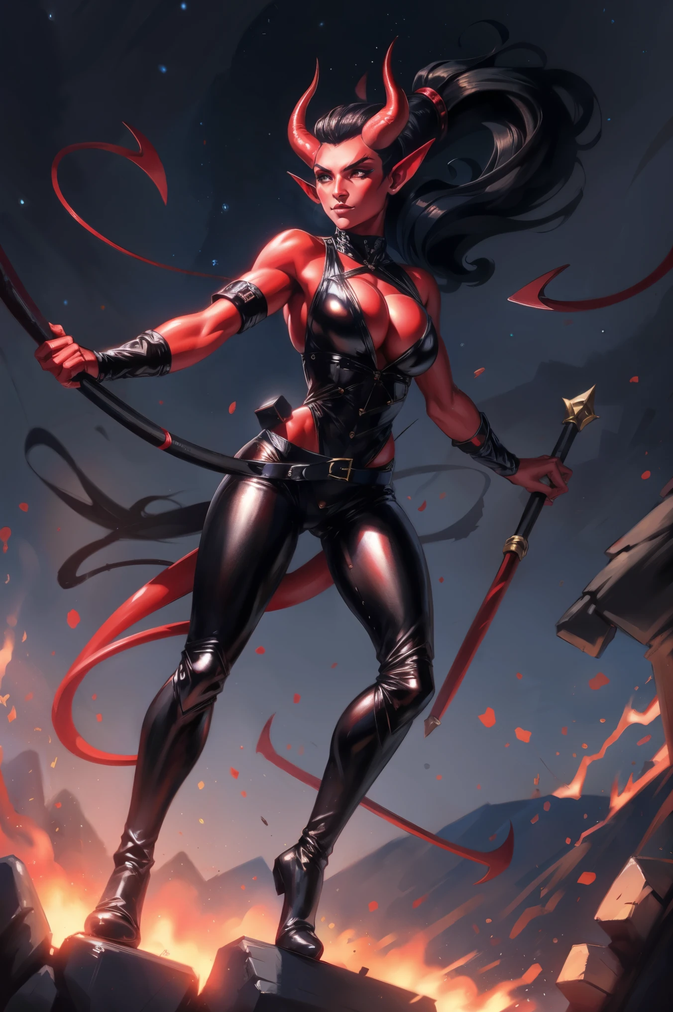 Red skin succubus tiefling, medium breasts, black horns, wings, huge tail, black leather, tall, toned, graceful, thin, long black ponytail. Action scene, whip. Dark scene, explosions, night sky.