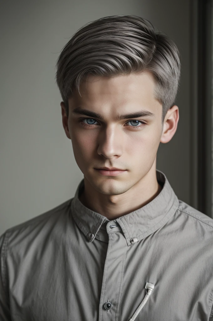 Young man with light gray eyes, short dull gray hair and pale skin with indifferent expression