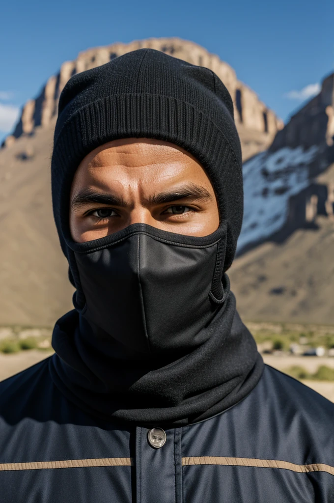 A big muscular man with skull balaclava oiled up