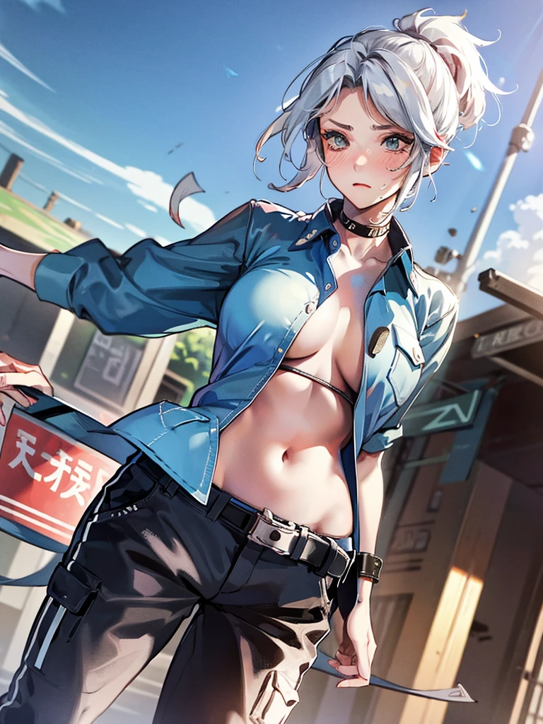 pretty,sexy,JETT,button unbuttoned,neat clothes,embarrassed expression,big breasts,