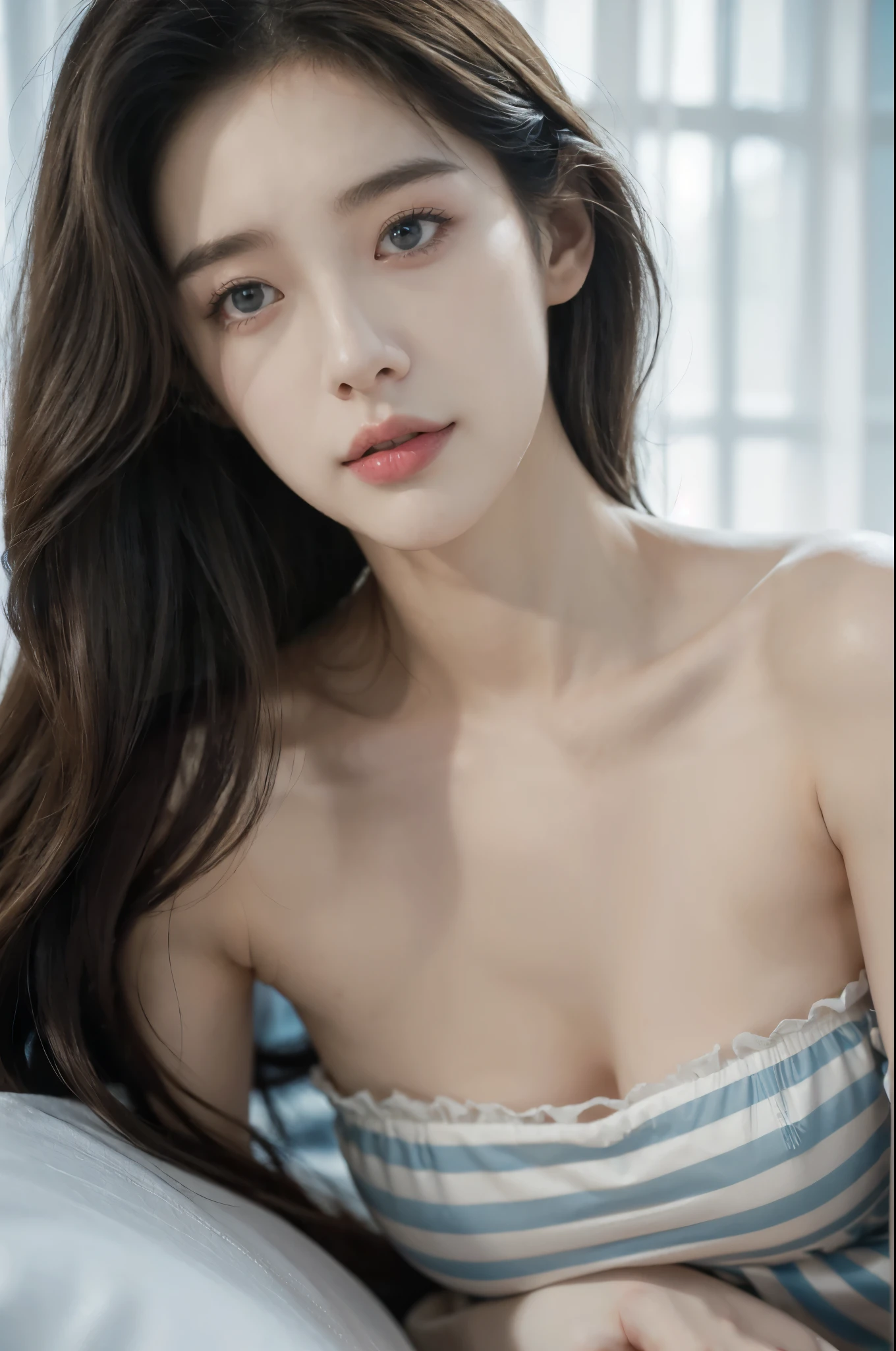 (((best quality))), (((ultra detailed))), (((masterpiece))), illustration,((a fragile and beautiful young girl,solo)),((slim,thin)),((small breasts,flat chest)),((sitting on a hospital bed)),(strapless vertical striped blue and white bra:1.2), ethereal appearance,(shoulder length straight hair:1.2),((close eyes,open mouth,female orgasmic,blush,ahegao)),delicate features, expressive eyes, porcelain skin, worried expression, vertical stripes on the gown, loose fit, slender fingers, polished nail polish, clinical examination room, faded walls, doctors' cart, stainless steel, hospital backdrop, stark contrasts, cold environment, warmth and vulnerability, poignant moment, moving image,((from front,close-up of face)),