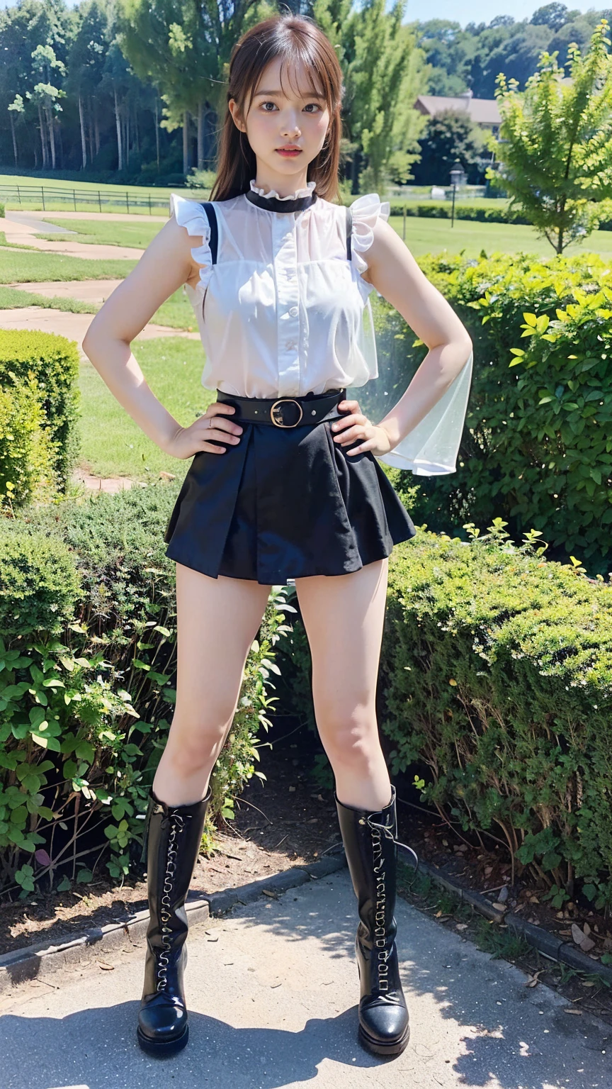 (8K、RAW Photos、Highest quality、masterpiece:1.2)、(Realistic、Realistic)、1 Girl、((mini skirt、See-through、Frills、Sleeveless、black、Thin legs、whole body、boots、one piece、garden、View from the front、Looking into the camera、belt、Stand with hands on hips))、cute