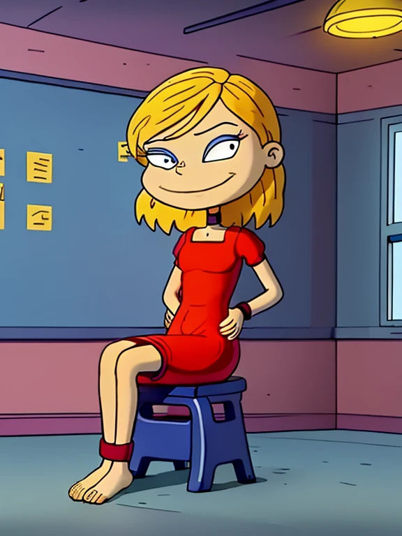 1girl, solo, yo skinny blonde girl, in classroom, little red dress, red strapless dress, (((barefoot))) , sit tied to a chair, full body view, short bodycon dress, choker, full body shot, smiling, beautiful eyes, Sitting pose, legs crossed.