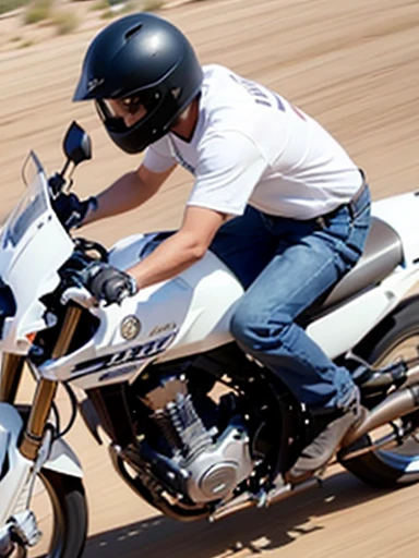 desert, (riding motorcycle:1.2), (yamaha off road motorcycle),running at full speed, (white t-shirt), (denim shorts), in the desert, with a sun, long shot, dynamic angle,motion blur:1.6