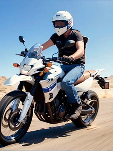 desert, (riding motorcycle:1.2), (yamaha off road motorcycle),running at full speed, (white t-shirt), (denim shorts), in the desert, with a sun, long shot, dynamic angle,motion blur:1.6