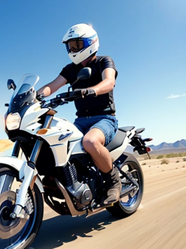 desert, (riding motorcycle:1.2), (yamaha off road motorcycle),running at full speed, (white t-shirt), (denim shorts), in the desert, with a sun, long shot, dynamic angle,motion blur:1.6
