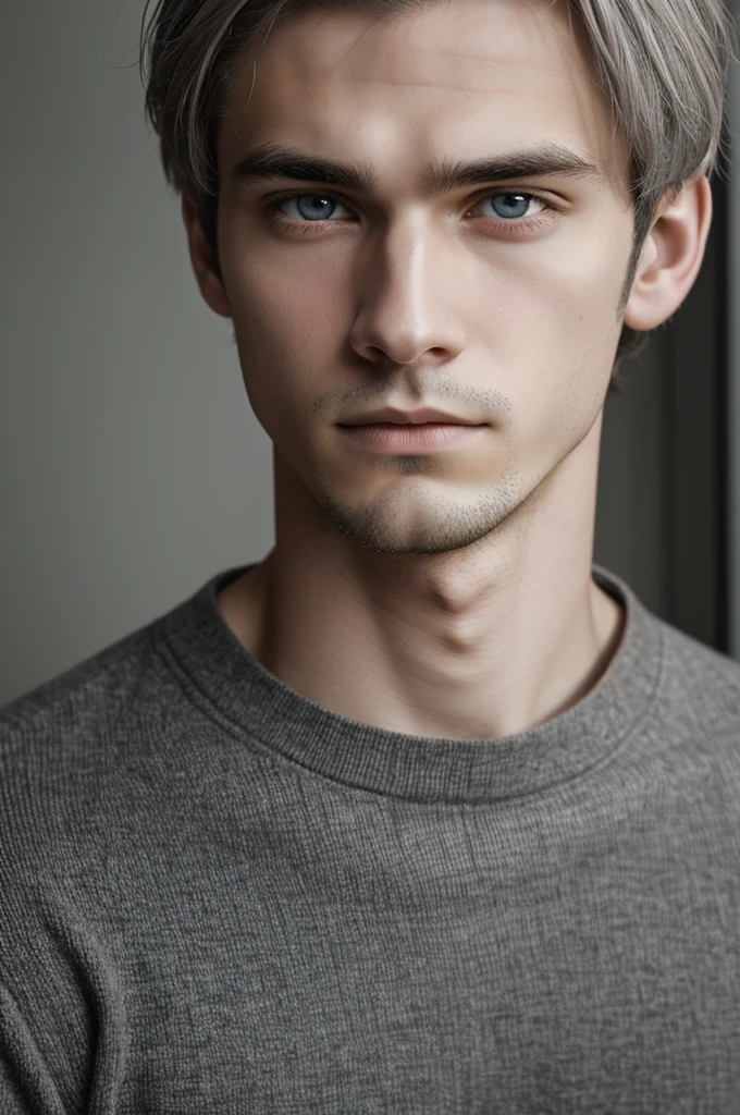 Young man with light gray eyes, short messy dull gray hair and pale skin with indifferent expression 