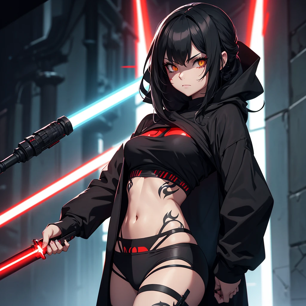 The girl is a Sith lord. She is wearing a black top and underpants. her skin is covered with black tattoos. She has red-yellow eyes. She holds a red lightsaber in each hand.