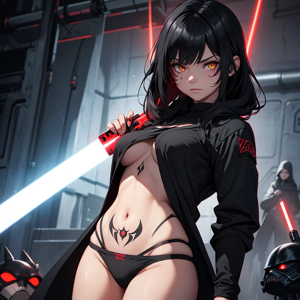 The girl is a Sith lord. She is wearing a black top and underpants. her skin is covered with black tattoos. She has red-yellow eyes. She holds a red lightsaber in each hand.
