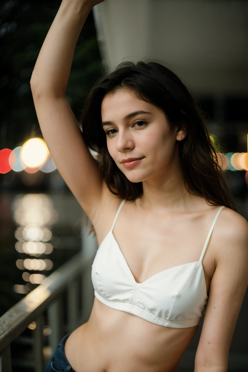 photo polaroïd, photo de nuit, photo de 24 ans.ô belle femme, peau pâle, bokeh, Flou de mouvement