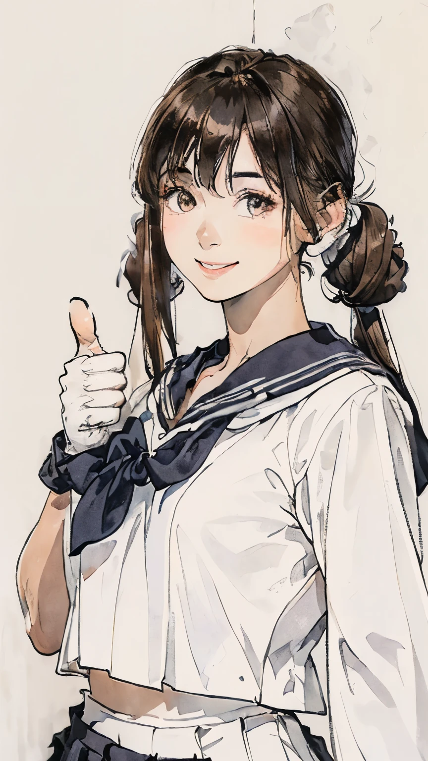 (Highest quality、8K、32k、masterpiece)、(Realistic)、(Realistic:1.2)、(High resolution)、Very detailed、Very beautiful face and eyes、1 Girl、Round and small face、Tight waist、Delicate body、(Highest quality、Attention to detail、Rich skin detail)、(Realistic、Realistic:1.37)、Bright colors、(((Long Hair)))、(((Upper Body Shot)))、(((Twin tails)))、(((Brown Hair)))、(((Fair skin)))、(((White wall background)))、(((White wall background)))、(((I'm smiling happily)))、(((Short-sleeved sailor suit)))、(((Wear a sailor suit)))、(((Black pleated skirt)))、(((Thumbs up)))