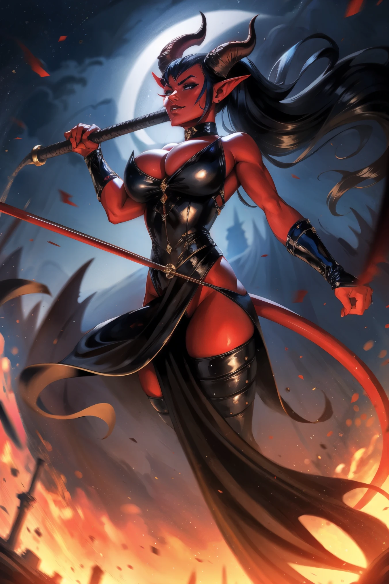 Red skin succubus tiefling, medium breasts, black horns, wings, huge tail, black leather, long flowing pelvic curtain, tall, toned, graceful, thin, long black ponytail. Action scene, whip. Dark scene, explosions, night sky.