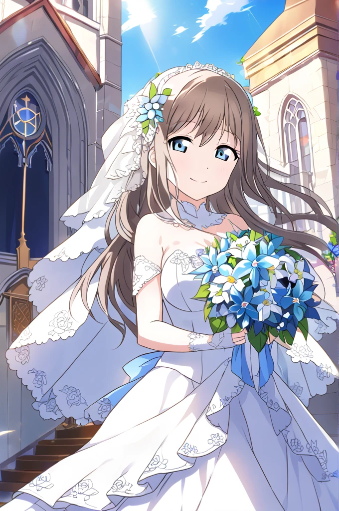 Sakurazaka Shizuku　Brown Hair　Long Hair　Light blue eyes　whole body　White Wedding Dress　High quality　Light blue flower bouquet　smile　Light blue flower decoration　Large breasts　Light blue floral hair ornament　Outside the church　Sunny sky　Shining