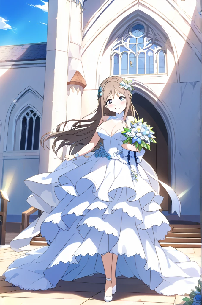 Sakurazaka Shizuku　Brown Hair　Long Hair　Light blue eyes　whole body　White Wedding Dress　High quality　Light blue flower bouquet　smile　Light blue flower decoration　Large breasts　Light blue floral hair ornament　Outside the church　Sunny sky　Shining