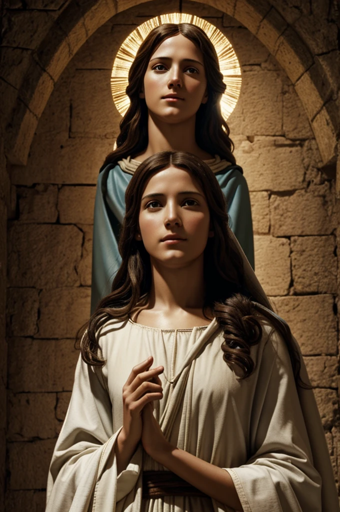 Jesus of Nazareth shining, 8k quality, Realistic, the Virgin Mary rising in the heavens