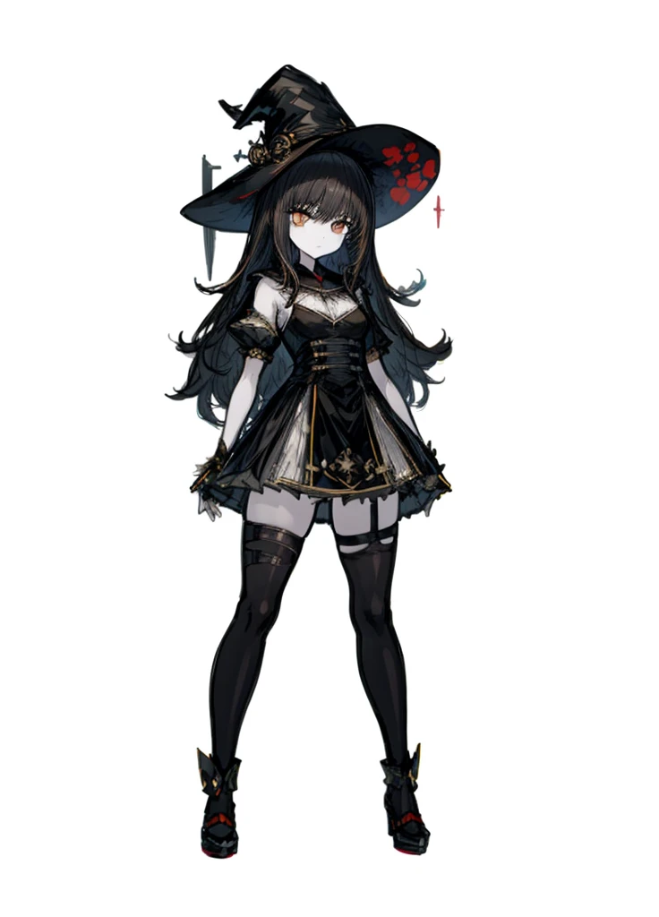 1girl, pale skin, brown eyes, black hair, witch, nice clothes, (high resolution, high detail, best quality),
black background, shy