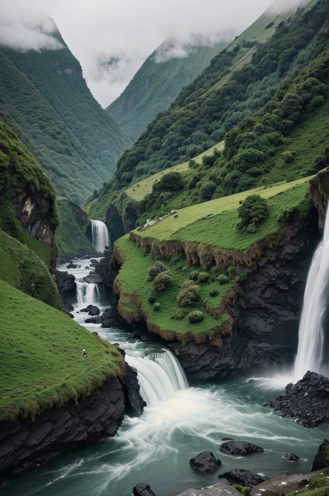 A landscape of green hills dotted with black rocks under a cloudy gray sky. Crystal clear streams and a waterfall in the distance. Steep mountains shrouded in fog. Lonely and melancholic atmosphere, with a cold and wet breeze.