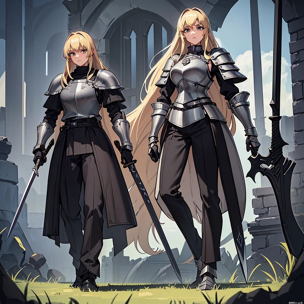 (((Solo)))、Best illustrations、Best Quality、(Full body character concept、detailed)、(((Simple grey armor、Black trousers、Black gloves、woman、18-year-old、Blonde、Long Hair)))、(((Grab the sword、Get Ready)))、(20 medieval knights)、(From below)、(Old ruins、Grass)