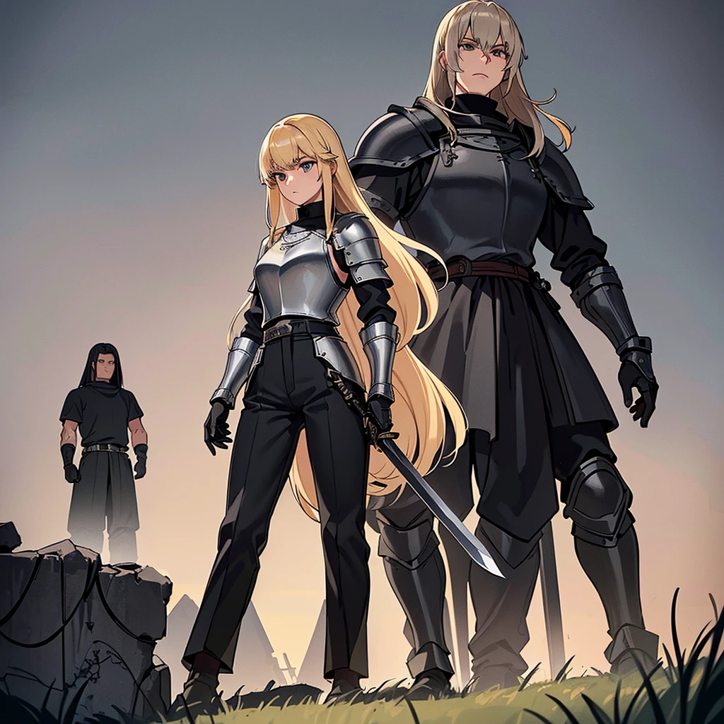 (((Solo)))、Best illustrations、Best Quality、(Full body character concept、detailed)、(((Simple grey armor、Black trousers、Black gloves、woman、18-year-old、Blonde、Long Hair)))、(((Grab the sword、Get Ready)))、(20 medieval knights)、(From below)、(Old ruins、Grass)