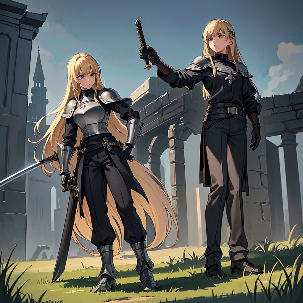 (((Solo)))、Best illustrations、Best Quality、(Full body character concept、detailed)、(((Simple grey armor、Black trousers、Black gloves、woman、18-year-old、Blonde、Long Hair)))、(((Grab the sword、Get Ready)))、(20 medieval knights)、(From below)、(Old ruins、Grass)