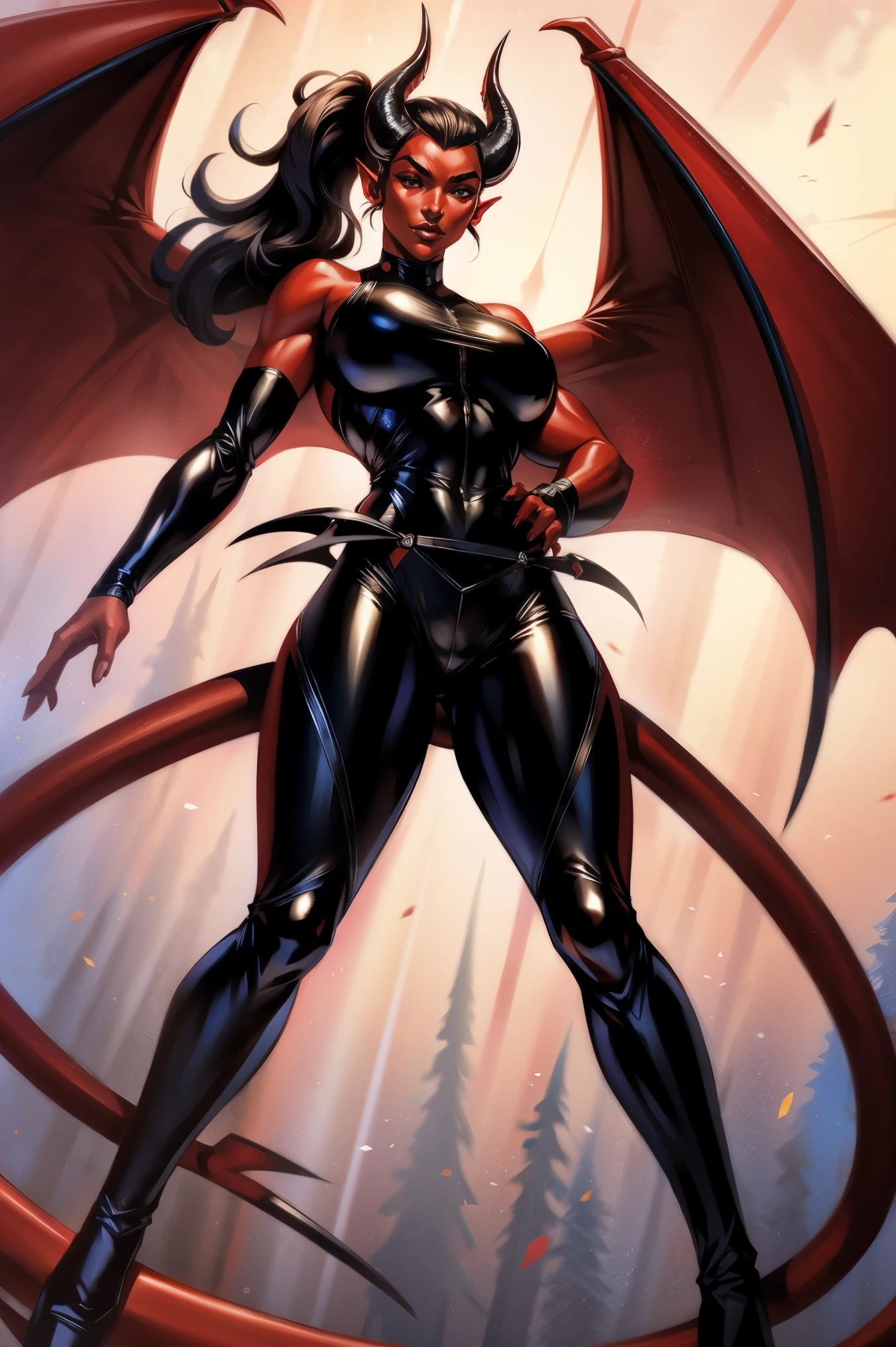 Red skin succubus tiefling, medium breasts, black horns, wings, huge tail, black leather, tall, toned, graceful, thin, long black ponytail. Action scene, shotgun.