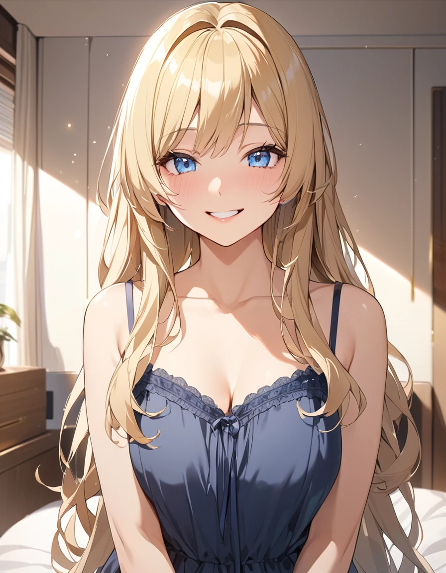 (Highest quality、Very detailed、Ultra-high resolution) 、(1 girl、************、Mature), blue eyes、smile、((Blonde))、Semi-long hair、Beautiful breastorning bedroom、Camisole dress