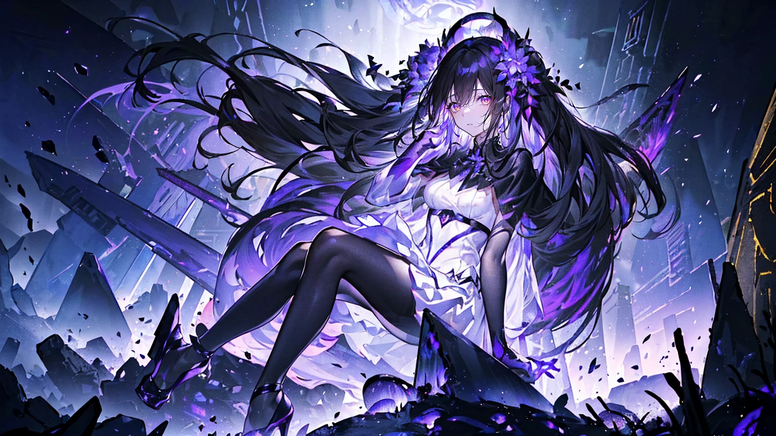 (Super detailed)),((illustration)),((masterpiece)),(((need))),((fine、Highest quality CG Unity 8K wallpapers,masterpiece),((4K,masterpiece,best quality)),Black hair queen,Waist-length hair,Royal sister,Sexy,Tall figure,Lilac eyes,Standing upright in a coffin,mummy,The whole body is wrapped in bandages,Limbs wrapped in bandages,There is a coffin beside him,Mature,Hair Bunch,Hair tied on both sides,Black and purple French vintage clothing,Gorgeous pure black cape,Black veil,Purple-white halo,Black purple boots,Wearing a crown on the head,Holding a knight's sword,pyramid,Emitting dim purple light,Brilliant palace,Mysterious symbols,individual,Emit a dim light,Full body picture