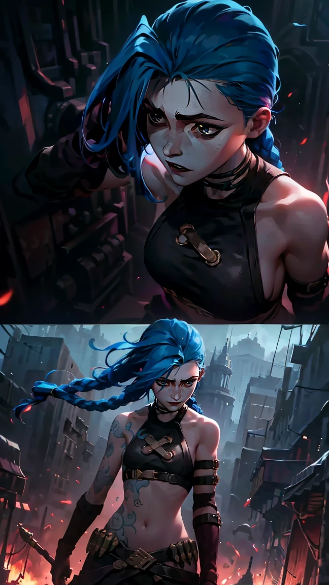 (masterpiece, Best quality), 1 girl, portrait, very sexy, crazy look, smile, crying, pink tears, tears on the cheeks, tears from eyes, full length (full body 1.1.), очень feminine, fighting stance, battle, fire, explosions, burning city, Beautiful waist, gloomy composition, flame, fire, Flash, very beautiful, feminine, long hair, hair braided in long braids, very sexy, tight leather pants, emphasis on the eyes, emphasis on the face, Beautiful face, Hands, Hair, Haired ponytail, red purple eyes, Джинкс crying, Blue cloud tattoo, (masterpiece, Best quality), Side lighting, beautiful detailed eyes, crazy face), (Best quality), (masterpiece), magic photography, Spectacular lighting, Photorealism, ultra detailed, интимная portraitная композиция, 1. 4,8 k UHD, aesthetic, Cd., A high resolution, 8 k, better lighting, Best shade, Ultra-HD, A high resolution, sharp focus, Complex background, Cinematic lighting, ((Landscape view)), 4K block, (better lighting), ((Cinematic lighting)),