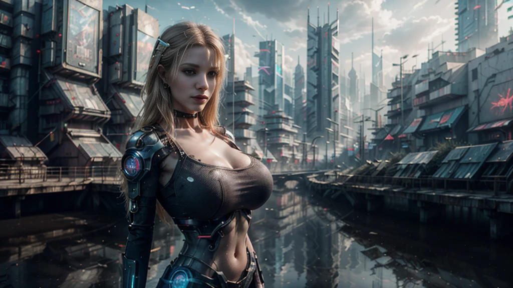 masterpiece,best quality,high resolution,8K,(Portraits:1.5),(R Original Photo),The real situation,Digital Photography,(A fusion of cyberpunk and fantasy),Ragged clothes,White women，Feel free to hairstyle,blonde，blue eyes，By Bangs,(Large Breasts, Accessories,shut your mouth,Elegant and charming,Serious and arrogant,Calm and handsome,(Combination of cyberpunk and fantasy style clothing,hollow-carved design,Large Breasts，Photo poses,Realistic style,Gray World Background,oc render reflection texture，futuristic city，Medium distance photography