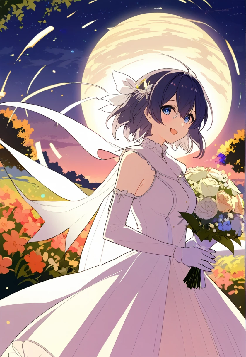 score_9, score_8_superior, score_7_superior, Wedding dress, White gloves, White Dress, garden, Are standing, Cowboy Shot, Holding a bouquet, smile, Open your mouth, Confetti, fire Fly \(Honkai: Star Rail\), firefly \(Starry Sky Railway\),hair ornaments,Black hair band, Larger breasts, Nice hands, Perfect hands,Short Hair,Short Hair、Silver Hair