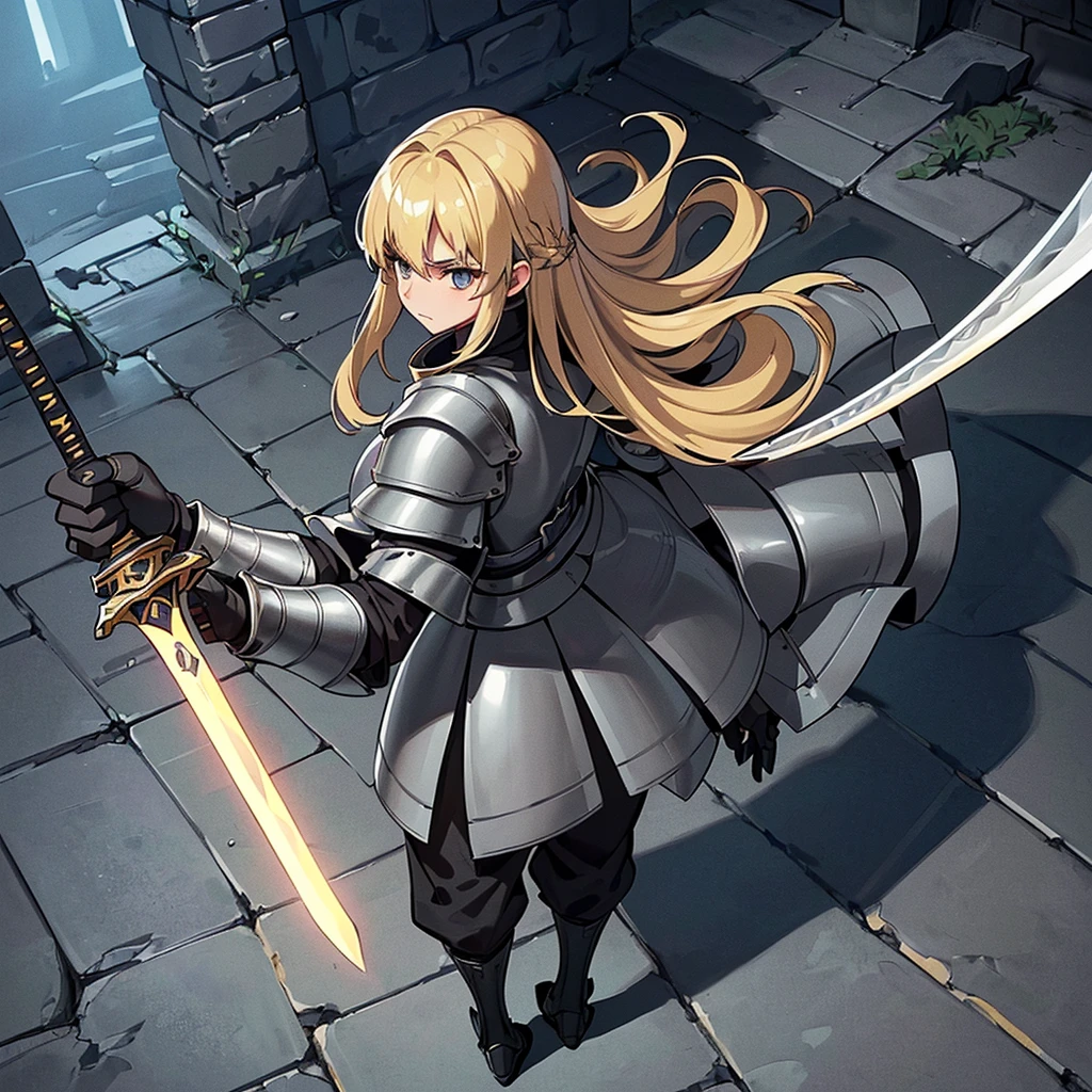 (((Solo)))、Best illustrations、Best Quality、(Full body character concept、detailed)、(((Simple grey armor、Black trousers、Black gloves、woman、18-year-old、Blonde、Long Hair)))、(((Grab the sword、Get Ready)))、(20 medieval knights)、(From above at an angle)、(Old ruins、Grass)