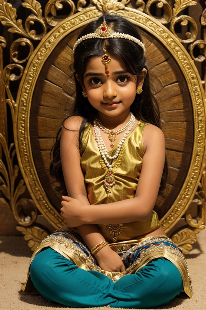 Lord Krishna in small  with a peacock feather on head having a white vaishnav Tilak 
Sitting on the lap of Yashoda Maiya