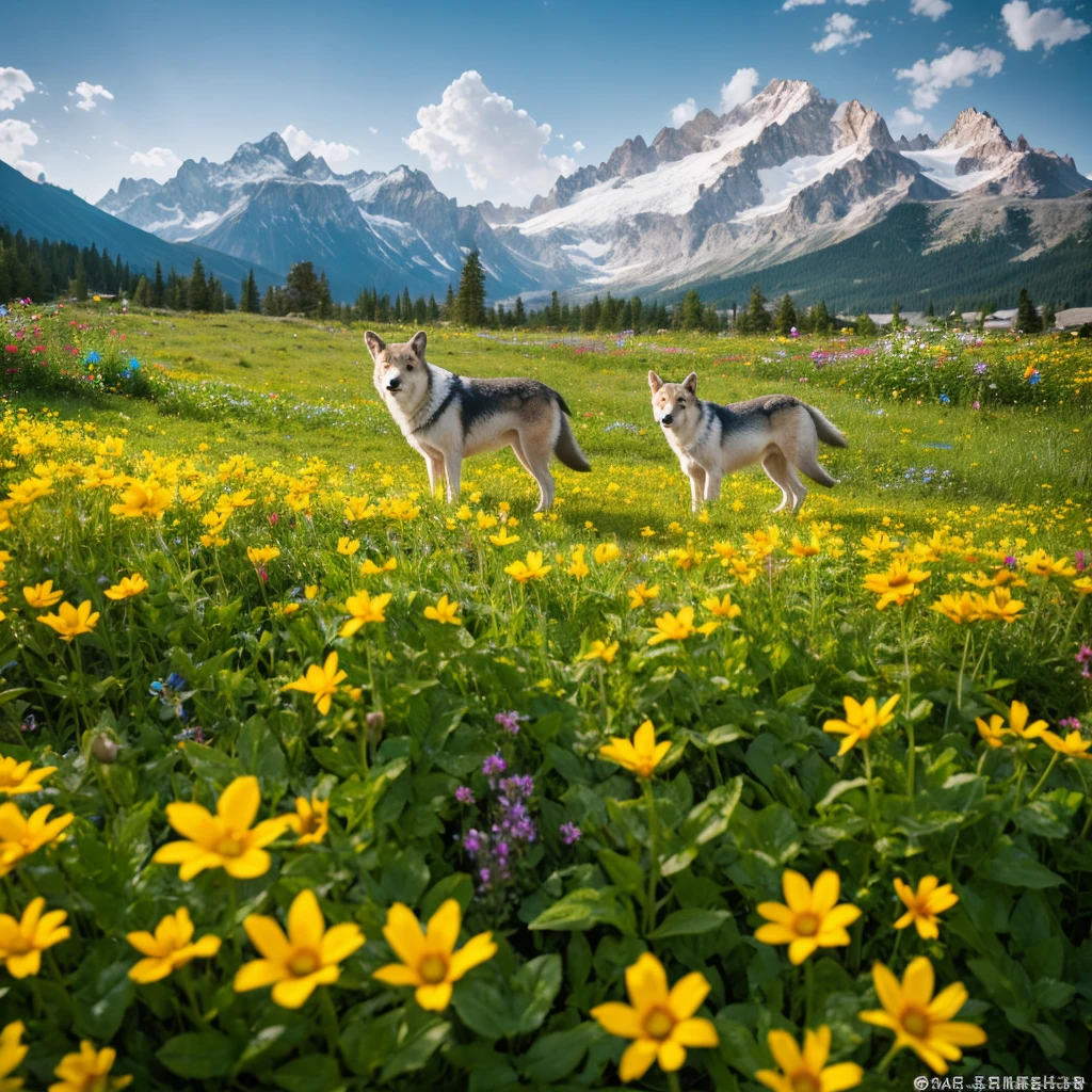 professional photos of a wolf among flowers, mountains in background :: highly detailed,shot on Hasselblad X1D-50c,ISO 100 --ar 3:2 --q 2 --v 4 -