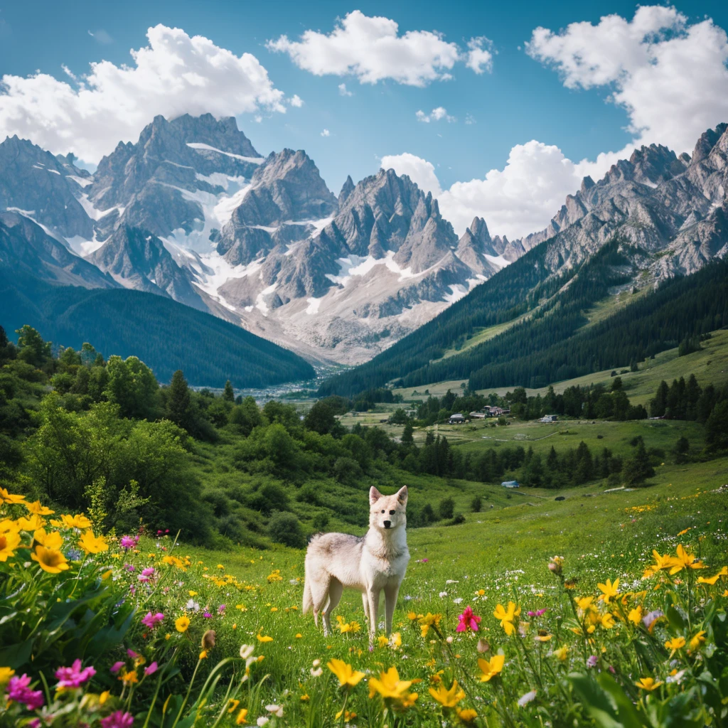 professional photos of a wolf among flowers, mountains in background :: highly detailed,shot on Hasselblad X1D-50c,ISO 100 --ar 3:2 --q 2 --v 4 -