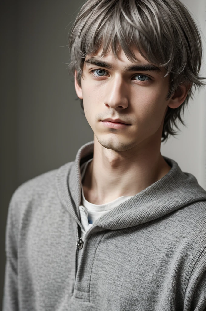 Young man with light gray eyes, short messy dull gray hair and pale skin with indifferent expression